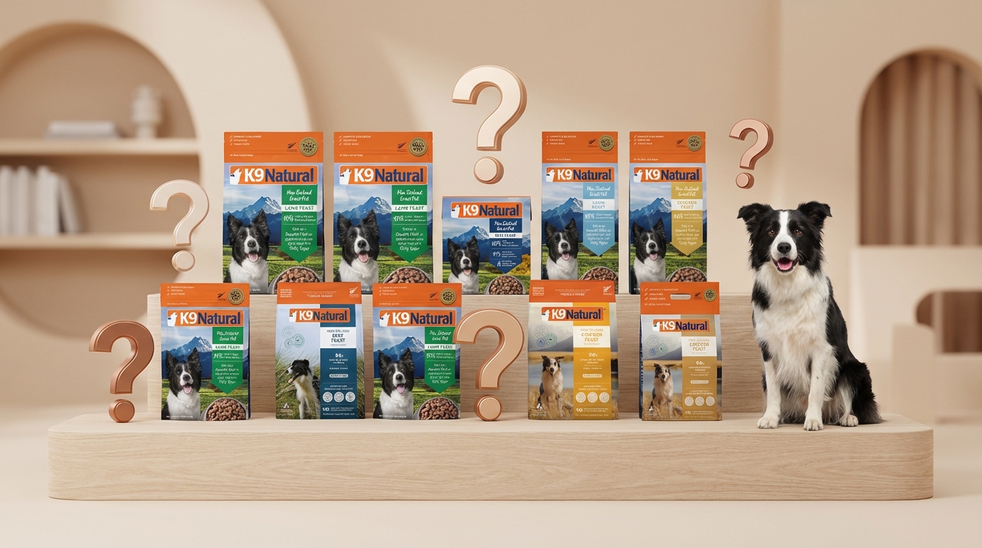 K9 Natural 十款熱銷產品排列於簡約展台，搭配立體問號與信賴眼神的成犬。專業平光呈現產品細節，仰視構圖建立權威感。畫面純淨自然，營造解答寵物疑問的專業與安心感。