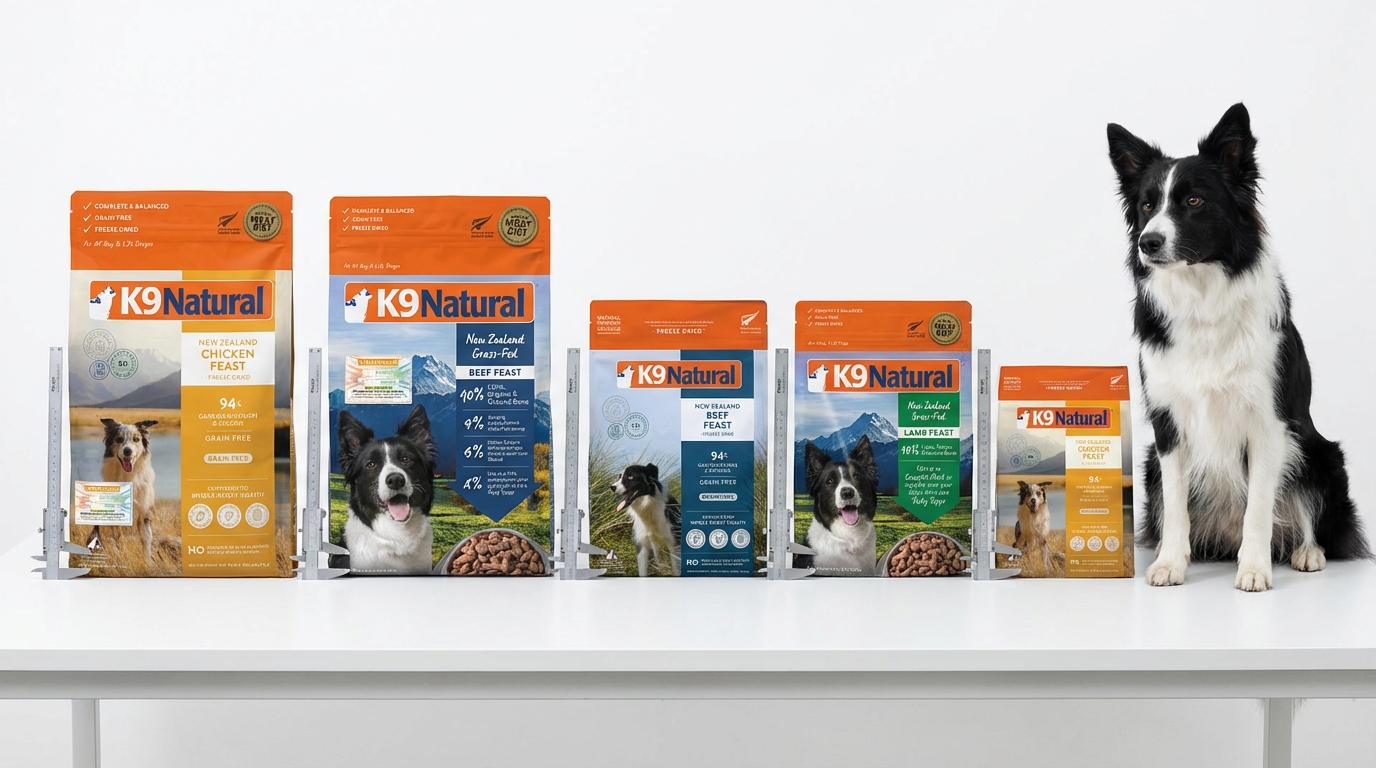 K9 Natural 產品對照，在純白專業環境下並排展示包裝，搭配金屬尺規與測量工具，側邊有一隻健康犬隻。構圖簡潔且細節清晰，協助消費者透過嚴謹視角做出明智的選購決策。