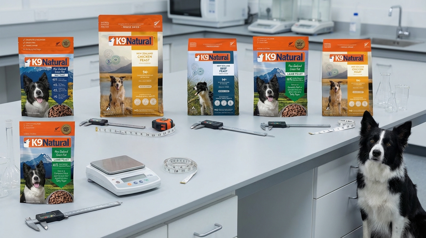 K9 Natural 熱銷產品選購攻略，在專業實驗室檯面展示多款包裝，搭配精密尺規與健康寵物。左右對比排版清晰呈現細節，營造科學客觀氛圍，協助消費者做出明智選擇。
