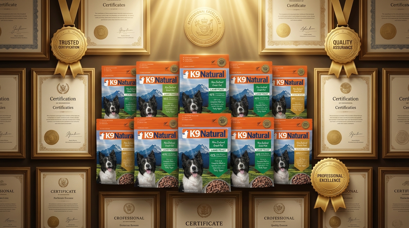 K9 Natural 熱銷產品位於宏偉認證牆中央，環繞專業證書與榮譽獎牌。金色光芒映照出精緻包裝與官方印章，展現品牌卓越品質與權威認證，營造出充滿信任感且高級的專業榮譽氛圍。