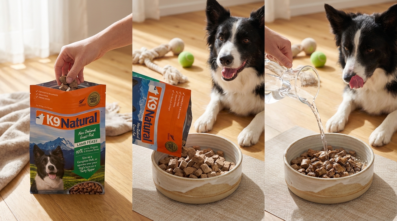 陽光充足的寵物區，展示 K9 Natural 產品準備過程：將食材從包裝倒入碗中並加水。眼神期待的狗狗在旁陪伴，呈現食材自然質感與品牌細節的溫馨餵食場景。