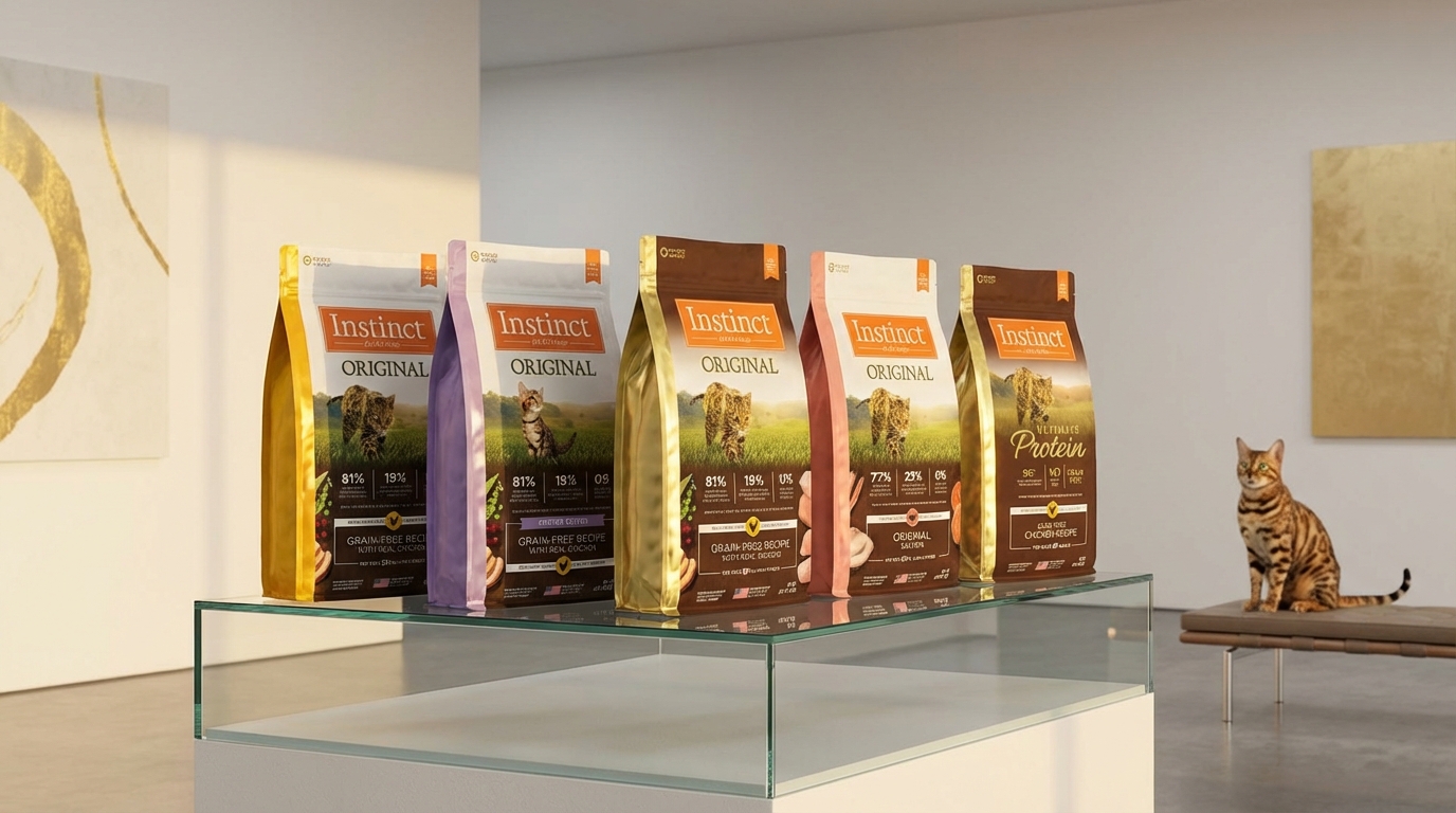 在極簡現代畫廊的金色光影下，Instinct 本能旗艦產品優雅陳列於高級玻璃展台，展現高端質感。身旁伴隨神態從容的寵物，完美融合藝術氛圍並精確呈現包裝標誌細節。
