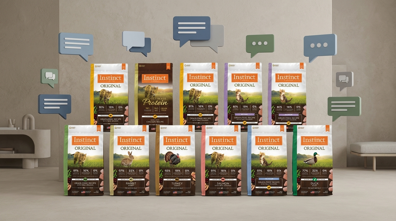 Instinct 本能十款熱銷產品整齊排列於現代質感空間，搭配簡約對話泡泡傳遞專業解答氛圍。均勻光線細膩呈現包裝細節，仰視構圖營造品牌權威感，充分展現天然無穀物生食配方的專業品質與值得信賴的安心感。