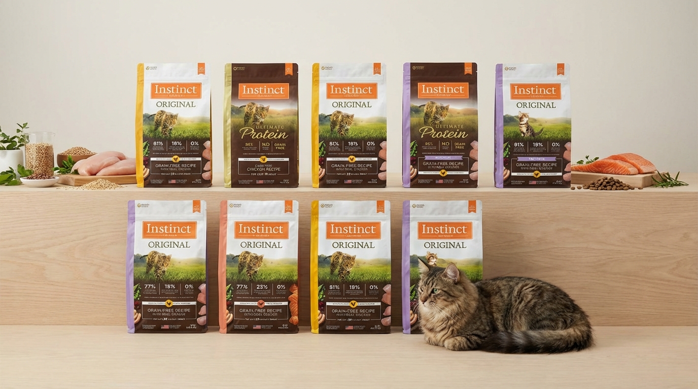 Instinct 本能十款熱銷天然無穀物生食肉類產品，整齊排列於木質背景與天然食材裝飾中。畫面結合姿態安穩的寵物，在柔和光線下清晰展示品牌包裝細節，呈現專業可信的產品質感。