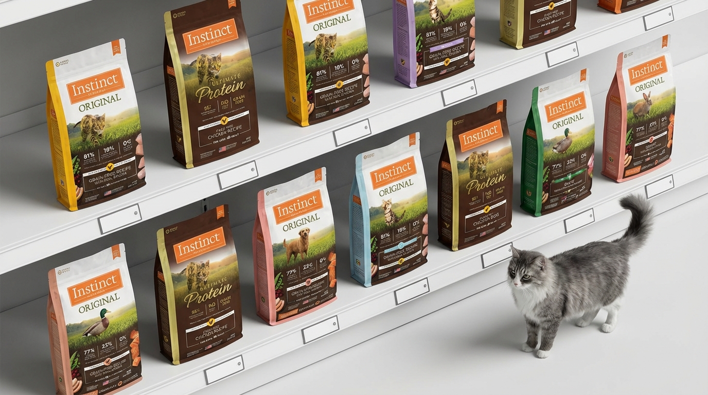 Instinct 本能多元產品線：十款熱銷商品於極簡貨架階梯式排列，標籤清晰完整。柔和光線下，一隻毛髮亮麗的寵物站立於側，營造出整齊專業且生動的購物氛圍。