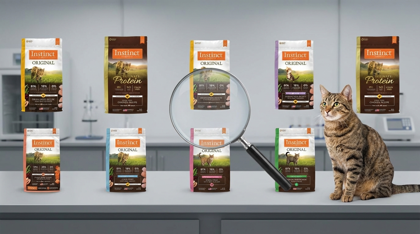 Instinct 本能選購攻略對比圖，整齊展示十款熱銷產品與放大鏡，象徵對成分的深度檢視。專業背景中有一隻活力寵物，透過清晰的規格對照，協助消費者挑選最合適的天然生食肉類配方。