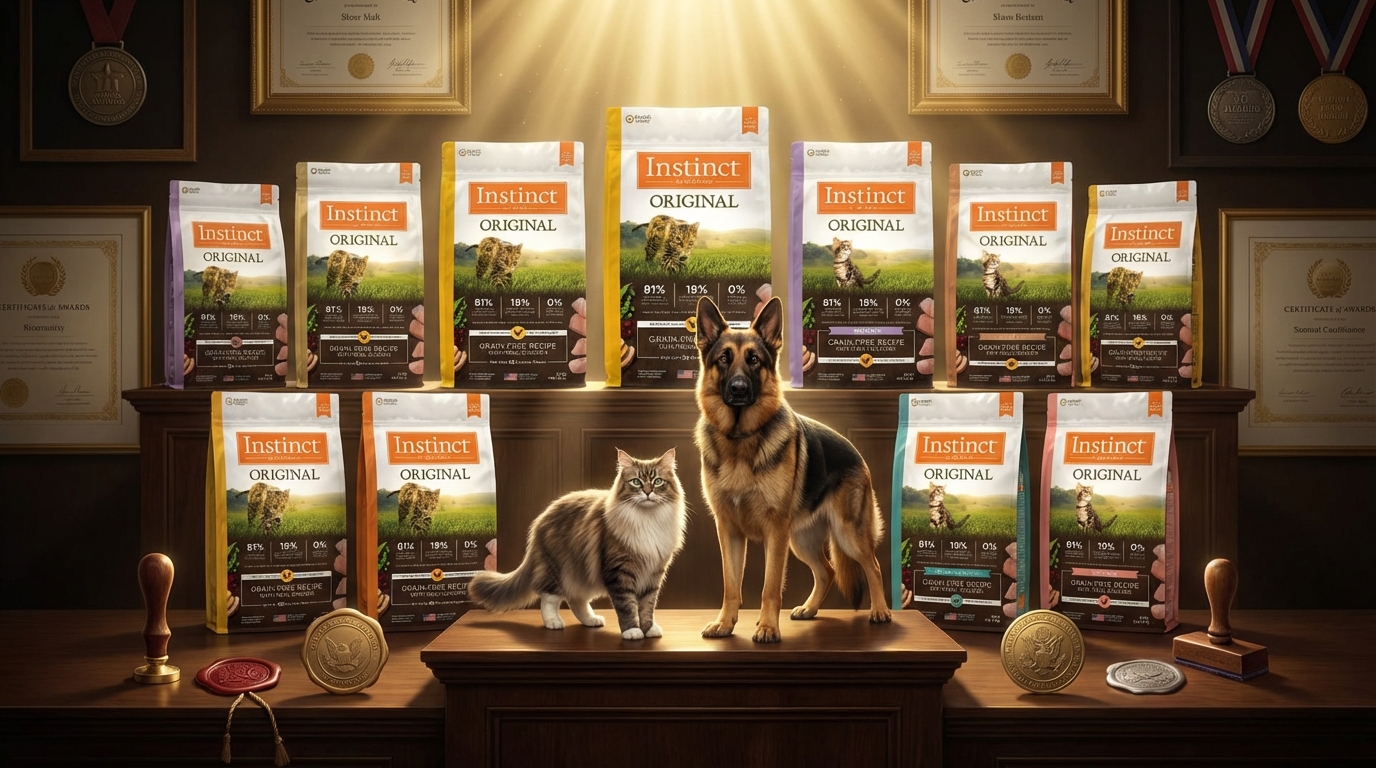 Instinct 本能熱銷產品陳列於榮譽展區，背景環繞獎牌與證書，彰顯專業認證。優雅犬貓靜立於深色檯面旁，頂部高光勾勒出包裝輪廓，營造出值得信賴的權威感。
