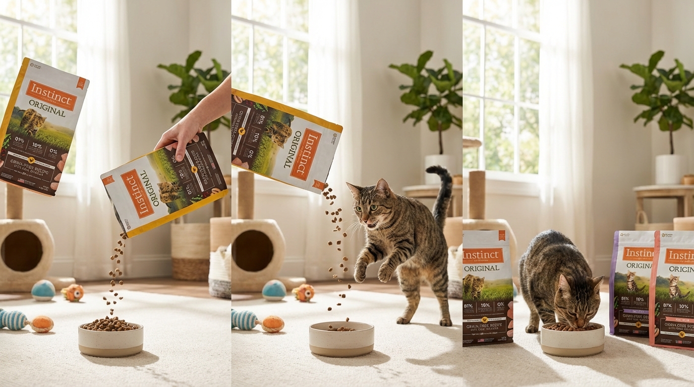 陽光灑落的寵物遊戲區，展示 Instinct 本能 天然無穀物生食肉類的餵食步驟。活潑寵物正興奮地與包裝互動，呈現從取出產品到準備餵食的真實質感與溫馨場景。