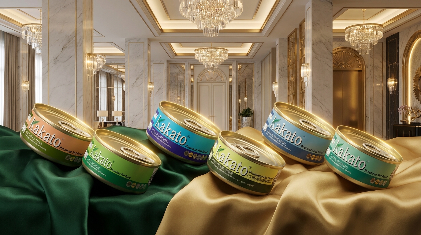 Kakato 卡格熱銷產品陳列於宏偉酒店大廳，底部鋪設優雅的品牌色絲綢。金色暖調高光精準勾勒包裝細節，展現極簡高端質感，傳遞品牌天然無添加的純淨寵物營養理念。