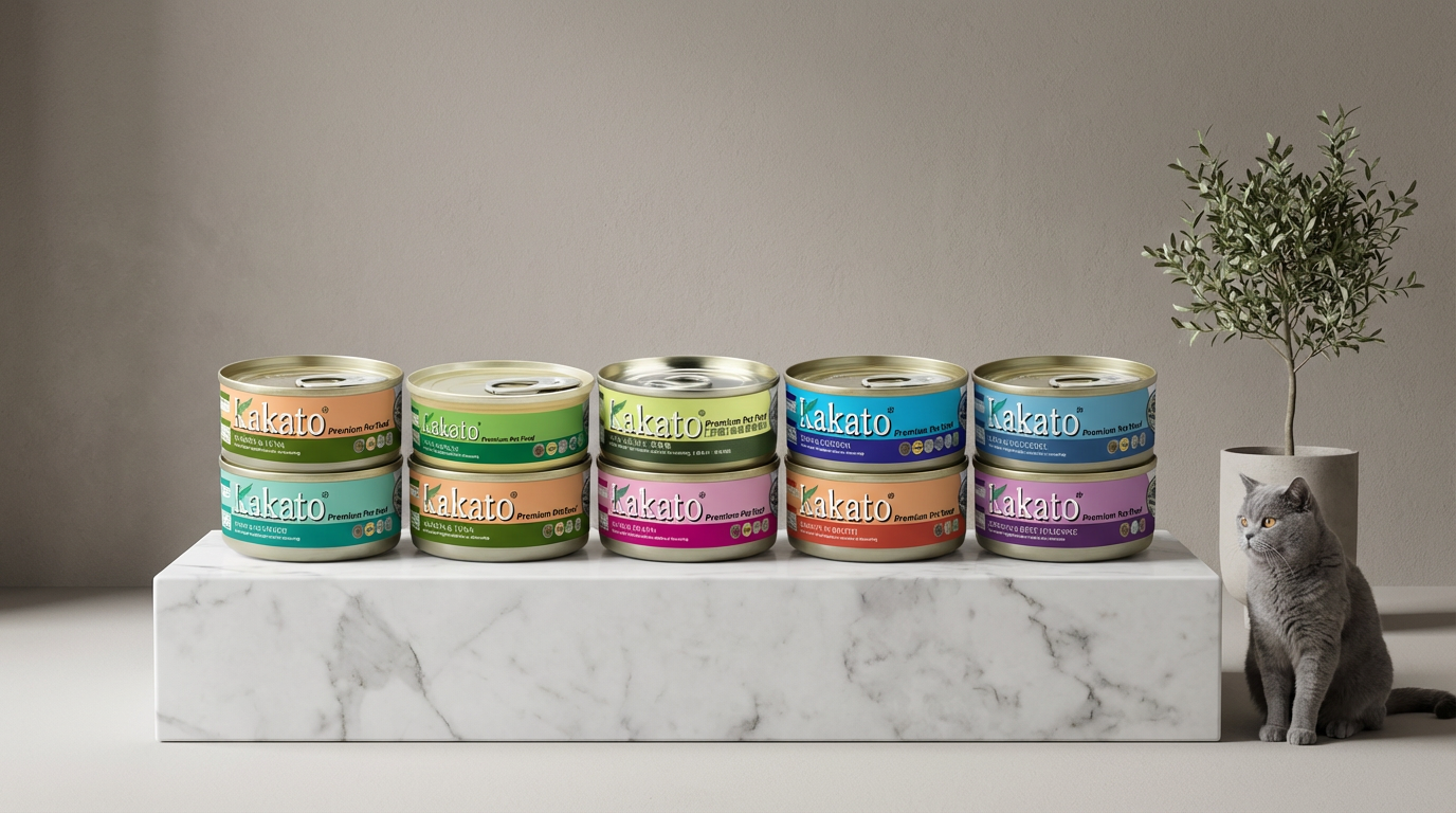Kakato 卡格寵物食品包裝放置於質感大理石底座，搭配簡約綠植與專業燈光，營造精緻氛圍。一隻安靜的寵物陪伴在側，展現溫馨感，並清晰呈現品牌標誌與產品細節。