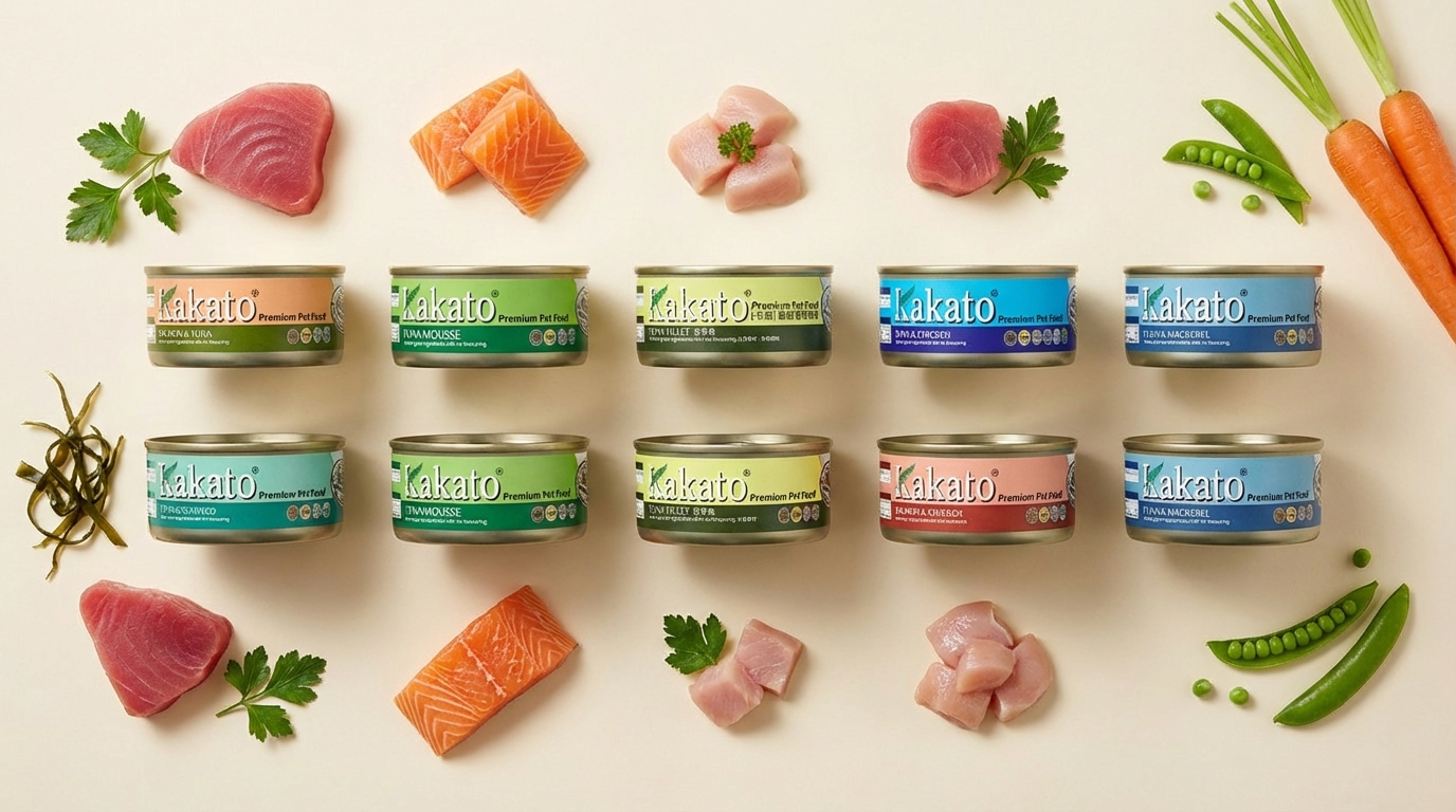 Kakato 卡格十款熱銷寵物食品整齊排列於簡約淺色背景，搭配新鮮肉塊與天然食材原件點綴。專業攝影燈光清晰呈現產品包裝標籤，展現天然無添加與均衡純淨營養的高品質電商美學。
