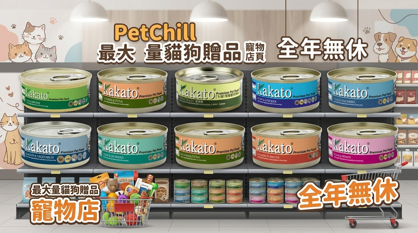 Kakato 卡格產品陳列於超市貨架，搭配購物籃與貓狗元素。標註 PetChill 最大量貓狗贈品與全年無休，展現豐富多元的寵物食品線，營造專業信賴購物氛圍。