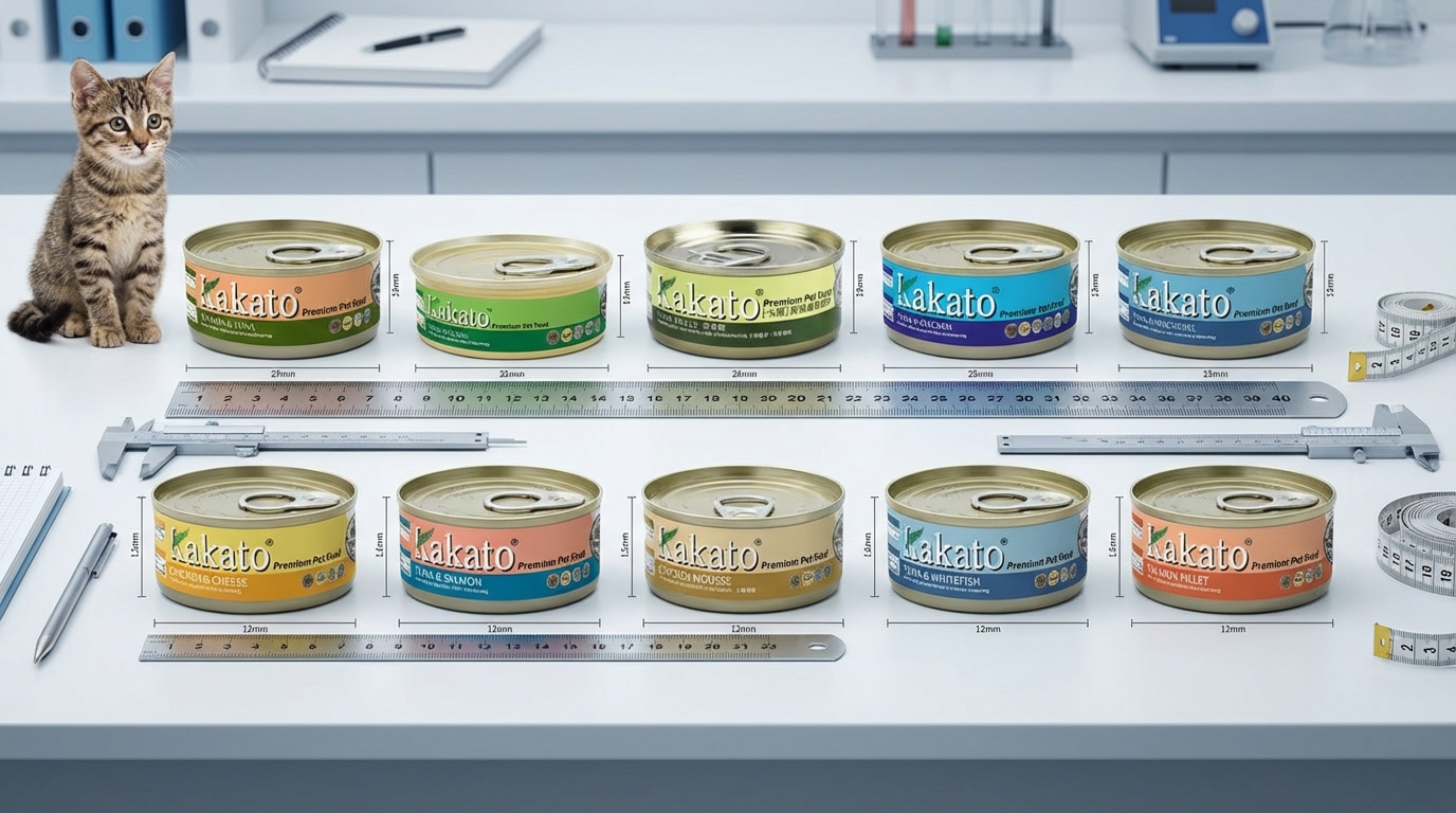 Kakato 卡格選購攻略以學術風格展示十款產品整齊並排，搭配尺規工具與側邊寵物營造教學氛圍。畫面採對稱平視角度，色調純淨且完整呈現天然無添加食材的包裝細節，引導消費者精確對比並做出明智選擇。