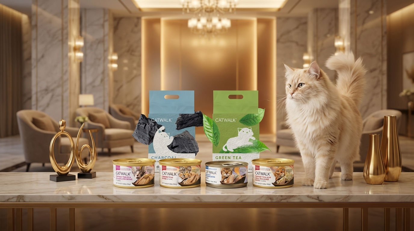 奢華酒店大廳散發柔和光暈，一隻高雅貓咪靜立於側，襯托出 CATWALK 貓糧包裝的精緻細節。黃金比例佈局與金屬裝飾，展現 CATWALK 品牌故事的高端奢華質感。