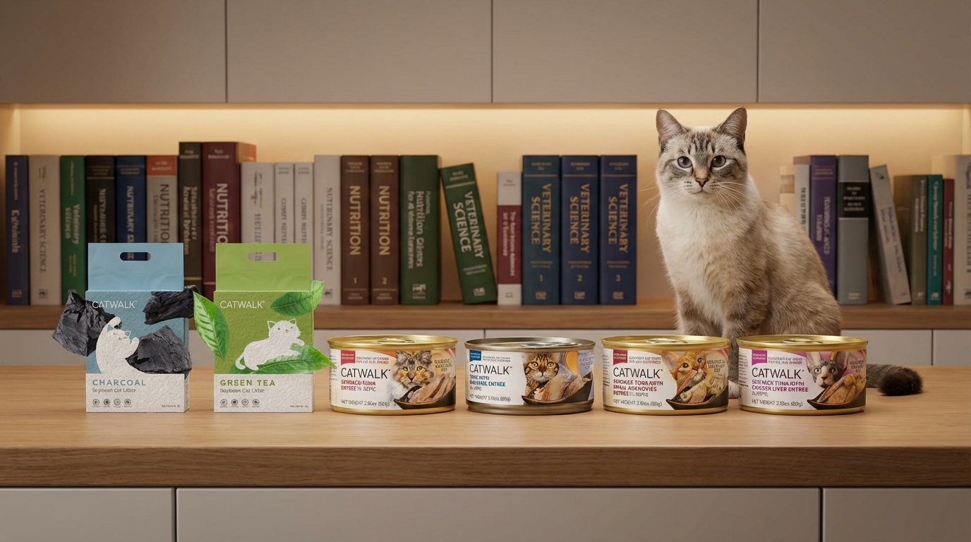 CATWALK 十款熱銷貓糧於研究室整齊排列，背景配有營養書籍與優雅貓咪。柔和燈光展現科學配方權威感，呈現嚴選天然成分的專業形象，提供值得信賴的奢華寵物營養建議。