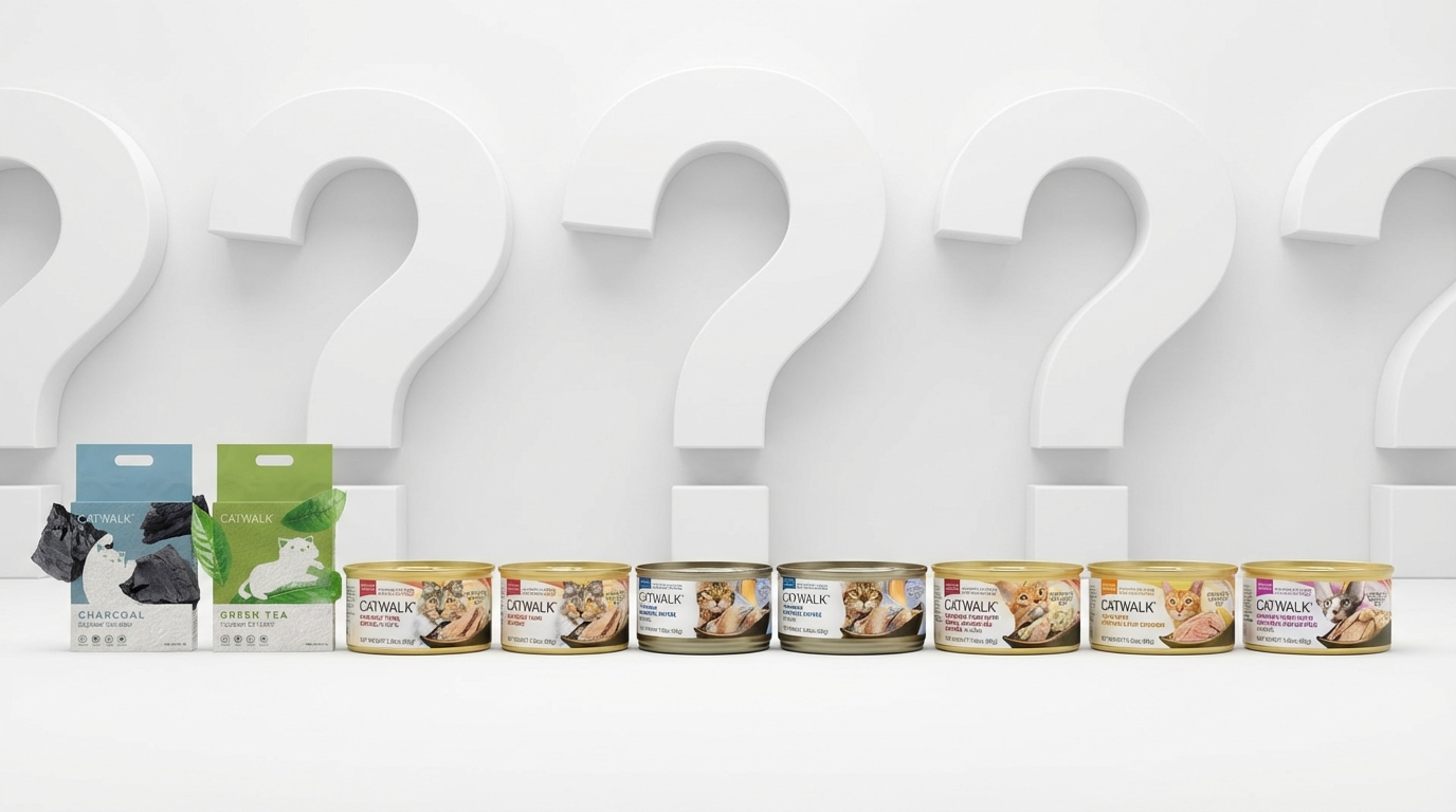 CATWALK 十款熱銷貓糧產品在純淨白色工作室中整齊排列，背景融入大型立體問號象徵解答疑慮。均勻平光展現產品包裝細節，傳遞科學配方的奢華質感與專業安心感。