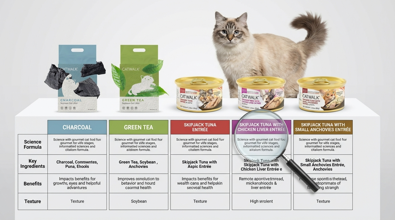 CATWALK 選購攻略對照圖，十款熱銷貓糧於桌面橫向排列，專業燈光聚焦科學配方。畫面配有放大鏡與優雅貓咪背景，完整呈現品牌標誌，幫助消費者精準挑選奢華營養餐單。