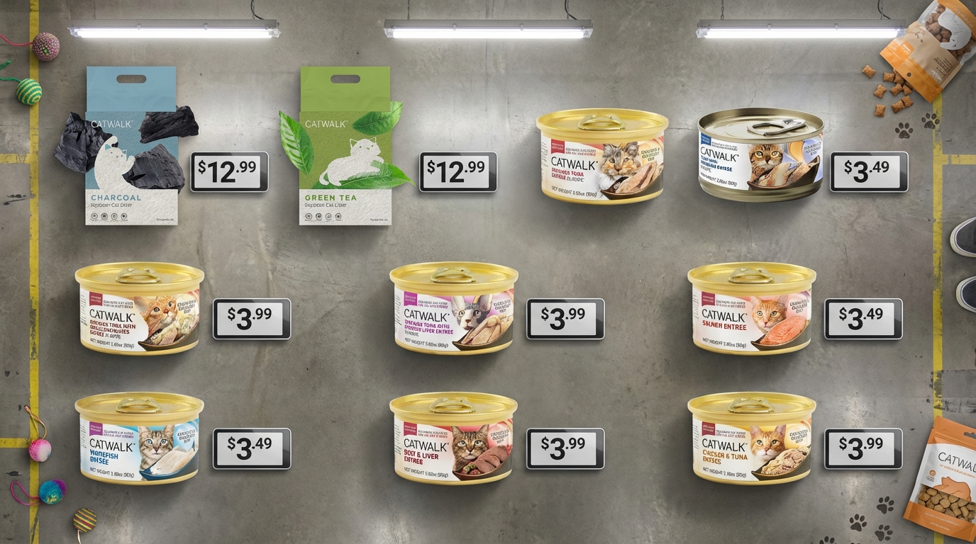 CATWALK 多款熱銷貓糧包裝在工業風地面呈網格狀排列，俯拍視角配合明亮照明，清晰展示產品標籤與價格牌，並點綴細微寵物元素，突顯品牌多元且專業的奢華天然營養餐單。