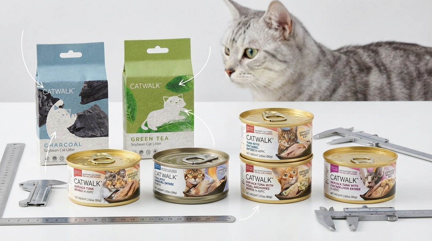 CATWALK 熱銷產品在極簡桌面整齊並列，搭配精密銀色尺規展現科學嚴謹感。背景襯托優雅貓咪，刻畫奢華包裝質感，並以指示線標註產品亮點，營造專業理性的選購對比氛圍。