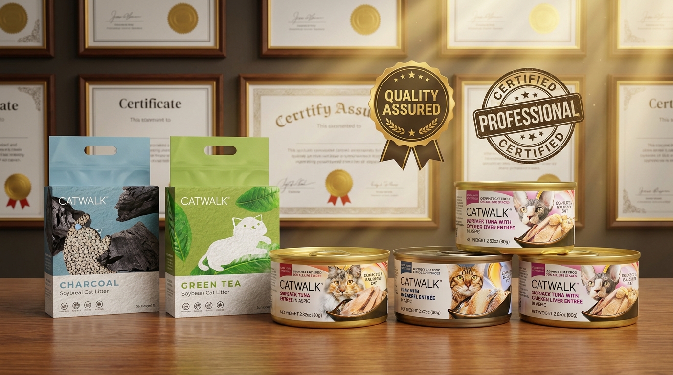 CATWALK 貓糧包裝在莊重金光下呈現，背景結合專業認證證書與印章。微距特寫展現產品細節與品牌標誌，強調科學配方與品質保證，營造出奢華寵物營養的高級質感與專業信賴感。