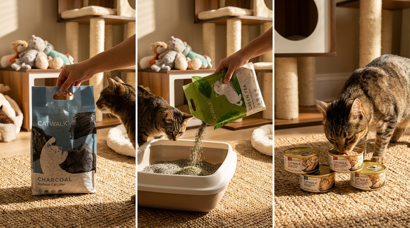 居家寵物遊戲區中，動態展示 CATWALK 奢華貓糧從拆封到餵食的完整過程。清晰呈現品牌包裝與標籤，搭配精緻玩具與層次光影，營造出科學配方營養餐單在生活中的真實應用氛圍。