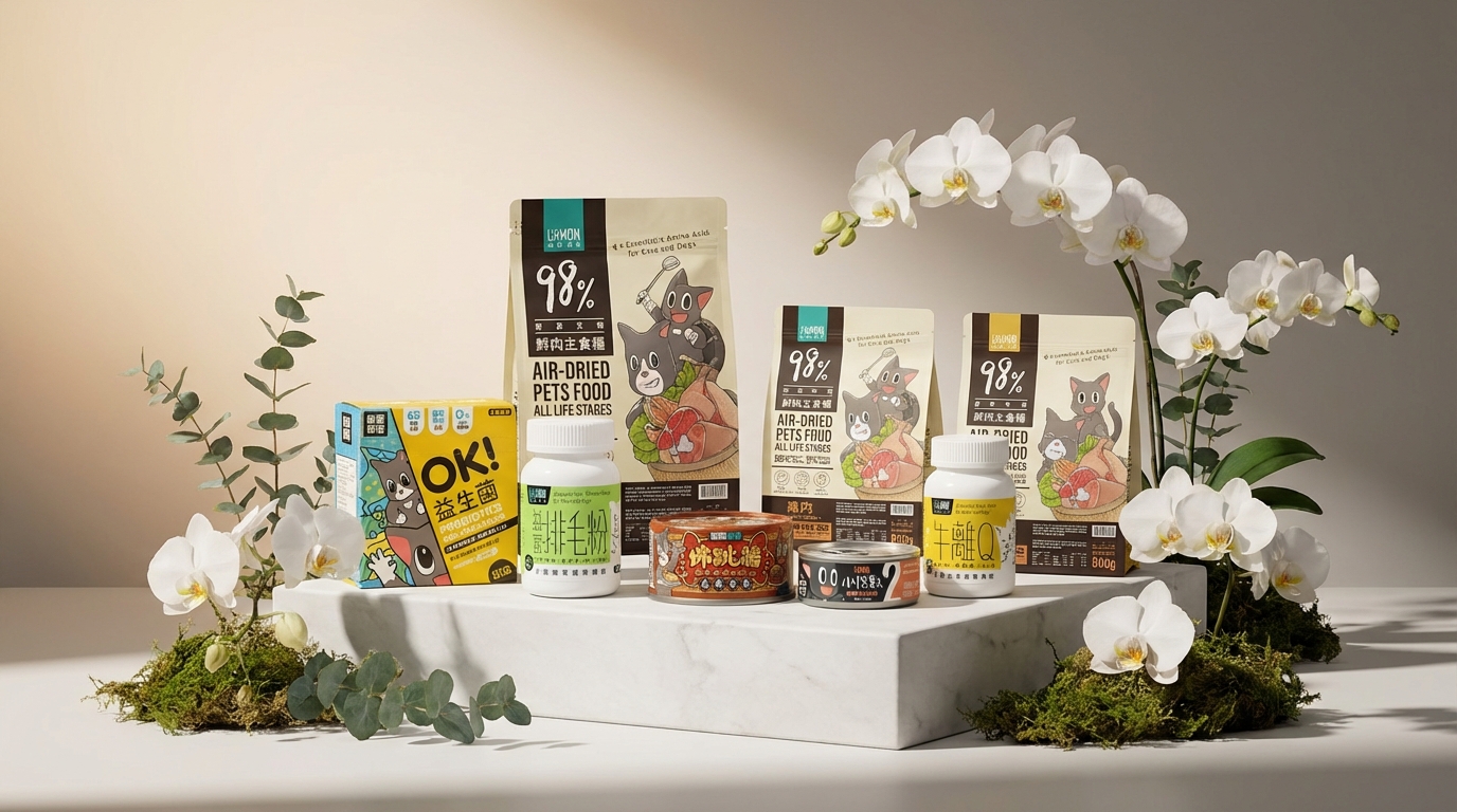 怪獸部落品牌旗艦展示區，熱銷貓狗糧錯落擺放在純淨展示台。柔和光影搭配極簡綠植，展現天然無添加的高端質感。透過微俯視角度呈現產品細節，傳遞專業純淨的品牌美學。