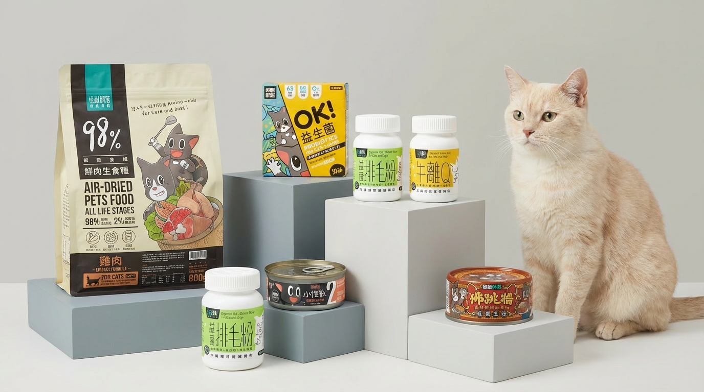 怪獸部落熱銷產品整齊排列於簡約幾何台座，專業燈光呈現包裝細節與真實質感。場景結合現代空間與安靜的寵物，營造明亮氛圍，清晰展示完整產品標籤、顏色與品牌標誌。