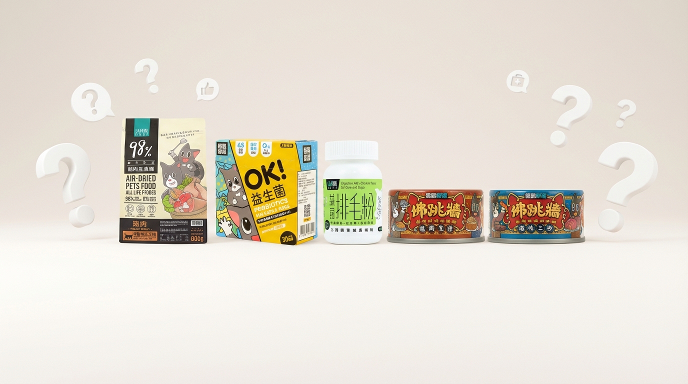 怪獸部落專業獸醫研發的鮮肉主食糧與罐頭，陳列於簡約問答空間，環繞立體問號裝飾，展現透明專業感。純淨背景傳遞醫學級嚴謹與健康承諾，為貓狗提供安心的人食級天然營養。