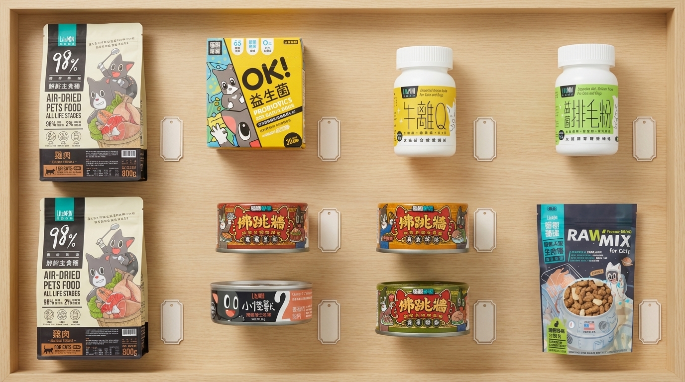 怪獸部落多樣化寵物產品系列，於木質展示架以網格式整齊排列十款核心產品。柔和光線清晰呈現品牌包裝與標籤，搭配精緻價格標示裝飾，打造專業且豐富的電商分類導覽視覺。