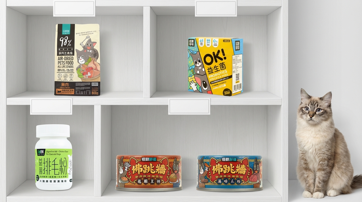 怪獸部落在極簡展示櫃整齊排列十款專業獸醫研發貓狗糧，搭配標籤展現多元產品線。明亮光線突顯人食級包裝質感，側邊伴隨健康寵物，呈現天然無添加與嚴謹專業的購物氛圍。