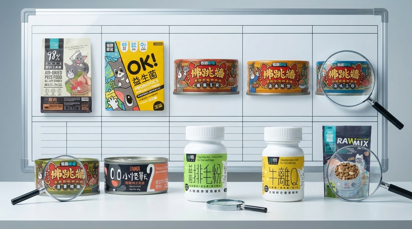 怪獸部落十款熱銷產品於規格展板前整齊排列，呈現專業選購指南。冷色調學術燈光搭配放大鏡營造客觀氛圍，並以平視角度展示產品原始包裝，協助消費者精準比較挑選。