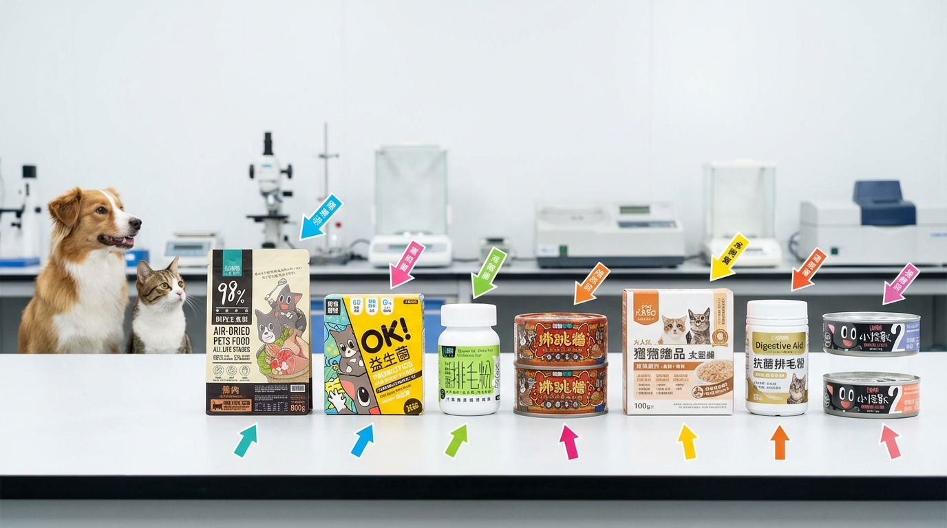 怪獸部落選購攻略對比圖，在專業實驗室長檯整齊排列十款熱銷貓狗糧，搭配標註箭頭與科學儀器。一旁有乖巧犬貓注視產品，展現專業研發權威感，協助飼主輕鬆挑選天然配方。