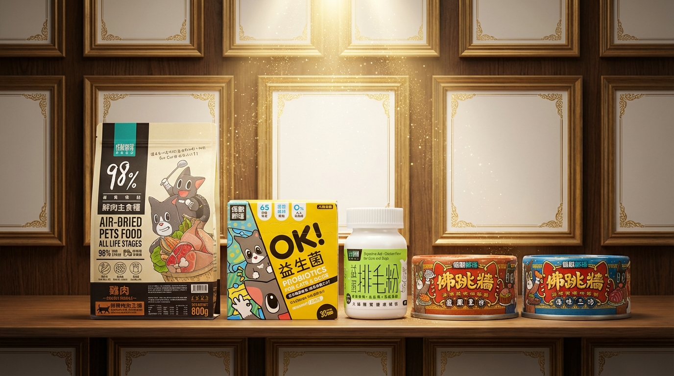 怪獸部落熱銷產品陳列於典雅的獎項榮譽區，背景為燙金邊框認證證書。聚光燈精確聚焦產品包裝的品質標章，搭配金色光塵與沈穩色調，展現專業獸醫研發與嚴謹工藝的權威感。