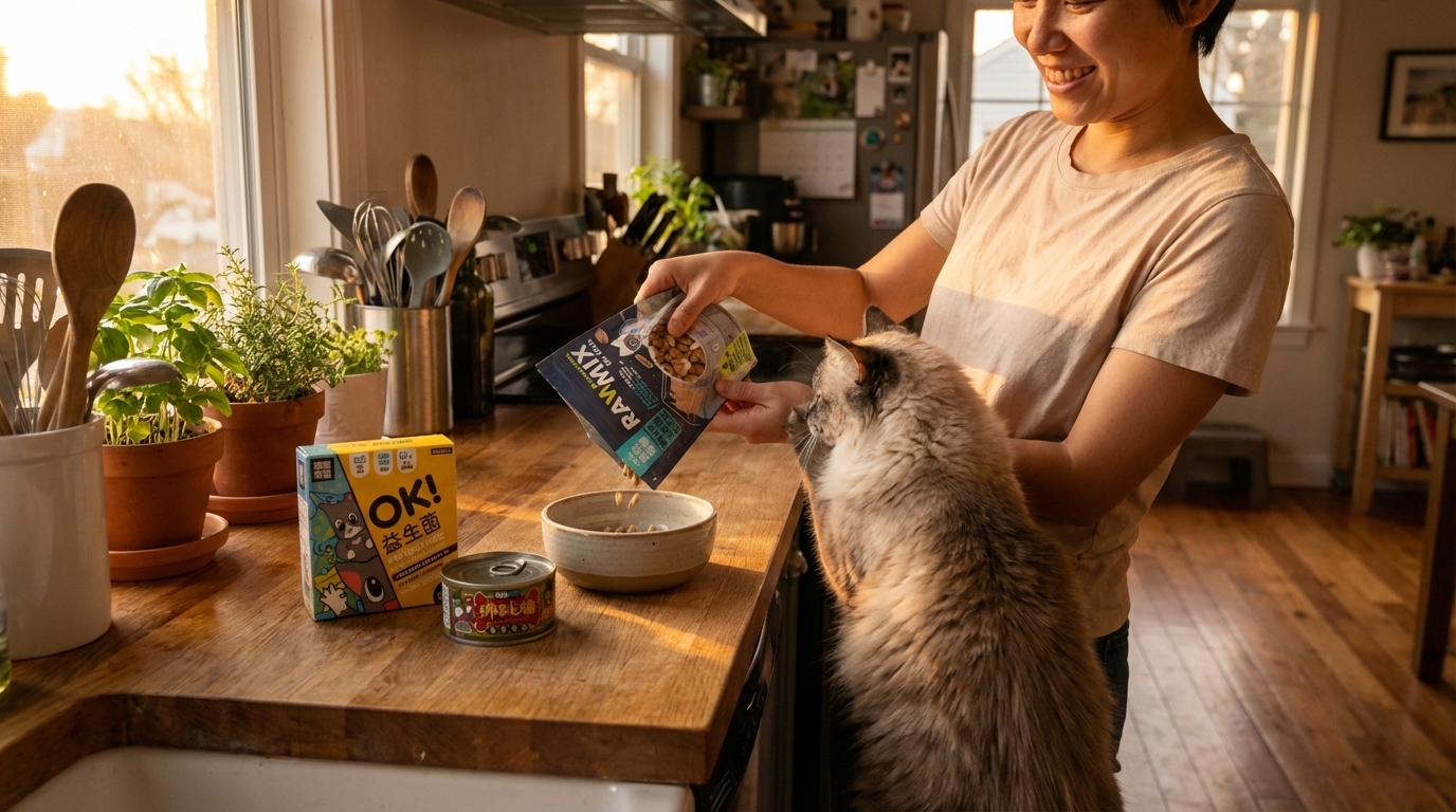 溫馨的木質廚房灑滿金色夕陽，主人正與可愛貓咪親密互動，同時將怪獸部落產品倒入精緻餐具中。畫面聚焦於清晰的品牌包裝，展現寵物進食前的真實生活場景與愉悅氛圍。