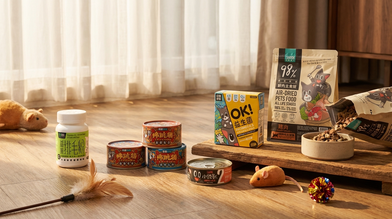 怪獸部落產品放置在陽光灑落的木質地板，溫馨居家空間中擺放寵物玩具，包裝標籤清晰可見。在清晨柔和光影下展現餵食情境，營造寵物期待用餐的高質感幸福時刻。