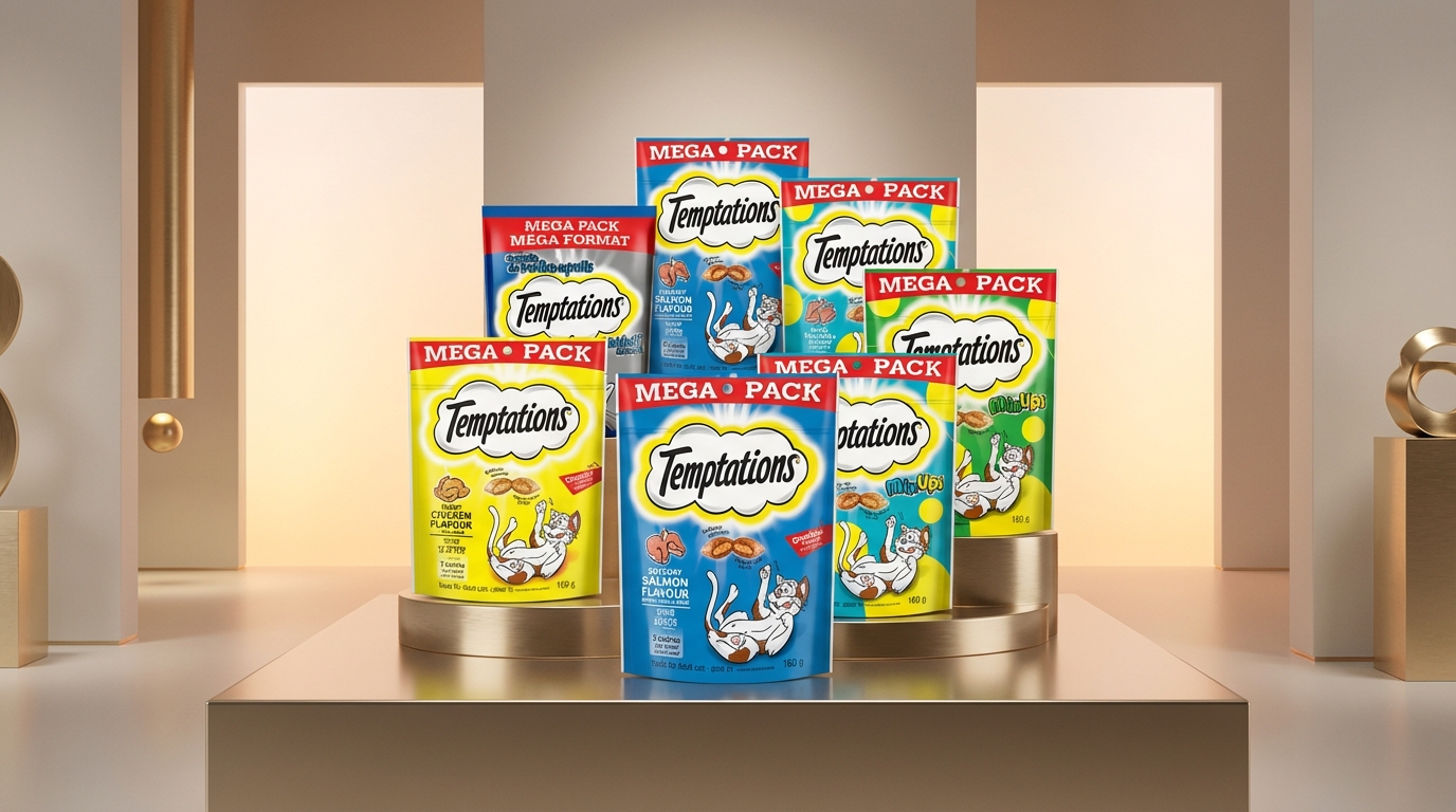 Temptations 旗艦產品以黃金比例排列於極簡畫廊，側面展現立體輪廓。柔和光暈與金屬裝飾營造專業信賴感，完整呈現包裝標籤與標誌，在光影中傳遞品牌高端質感。