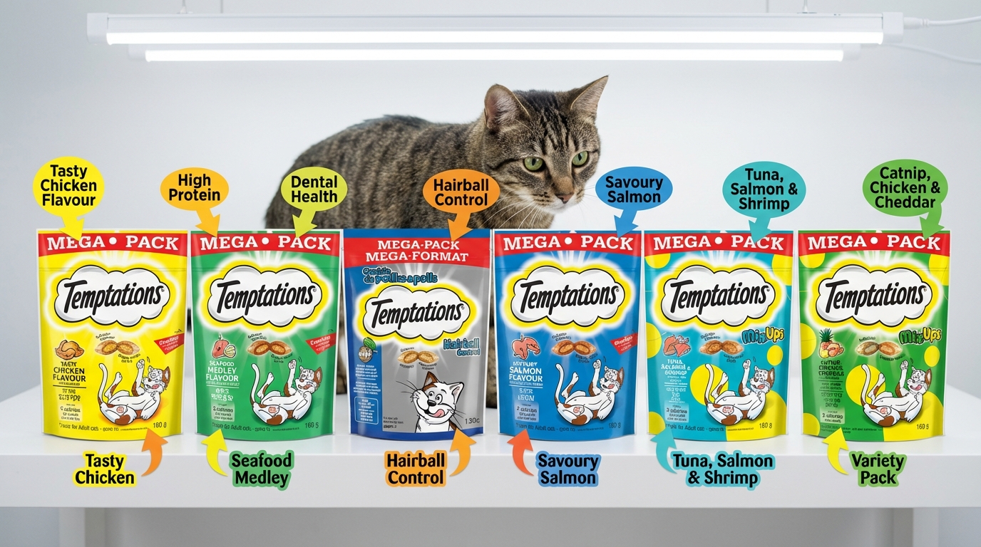 專業實驗室中，多款 Temptations 產品包裝整齊並列，搭配特點標註與亮色箭頭。背景有一隻專注觀察的貓咪，透過清晰對比構圖，協助消費者做出明智的選購決定。