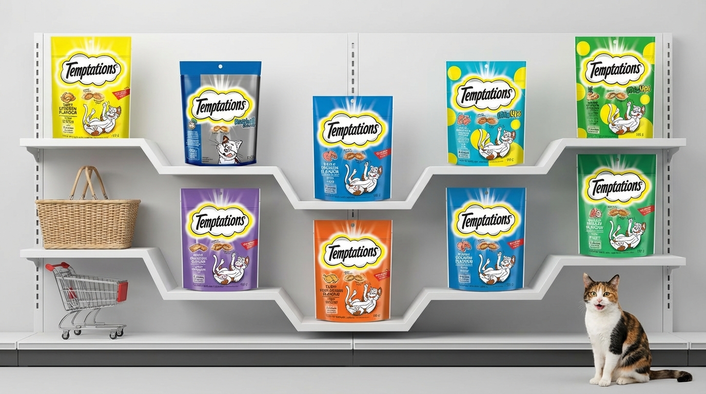 Temptations 多元產品於簡約超市貨架上階梯式排列，搭配購物籃裝飾與一隻愉悅的貓咪。場景明亮且專業，清晰展示品牌熱銷系列的真實包裝，營造層次分明的購物氛圍。