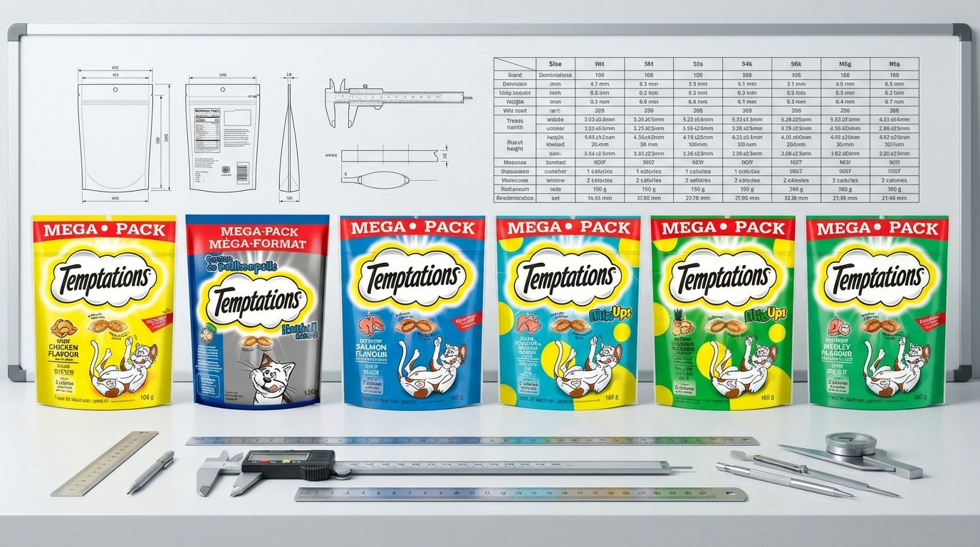Temptations 十款熱銷貓零食依規格排列於展板，搭配銀色尺規呈現理性分析氛圍。畫面乾淨且光線均勻，完整展示產品包裝與品牌標誌，方便飼主透過專業的規格對比，為貓咪挑選最合適的營養點心。