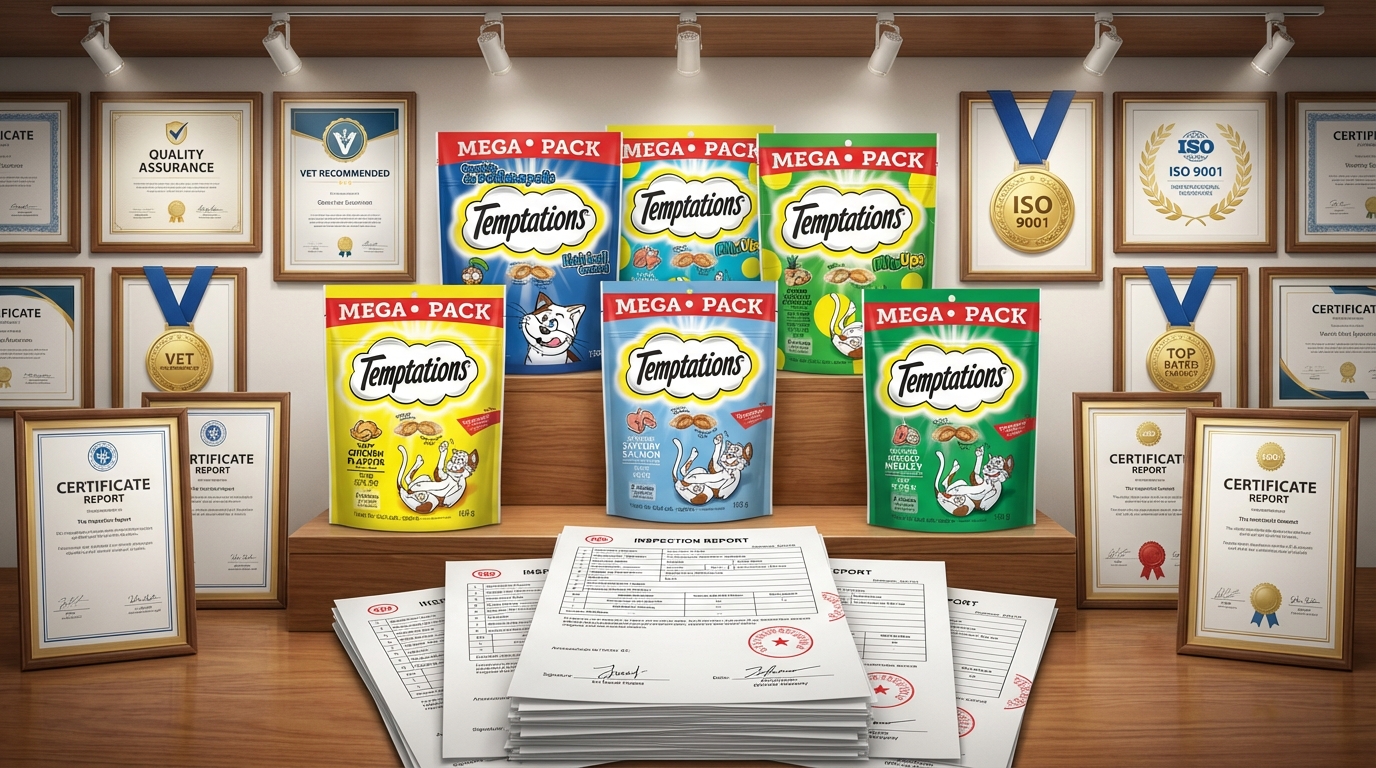 Temptations 熱銷產品陳列於專業認證牆中，四周環繞精緻獎牌與鑲框證書，前景擺放帶有印章的檢驗報告。在明亮專業照明下，展現品牌品質保證與權威認證的高公信力。