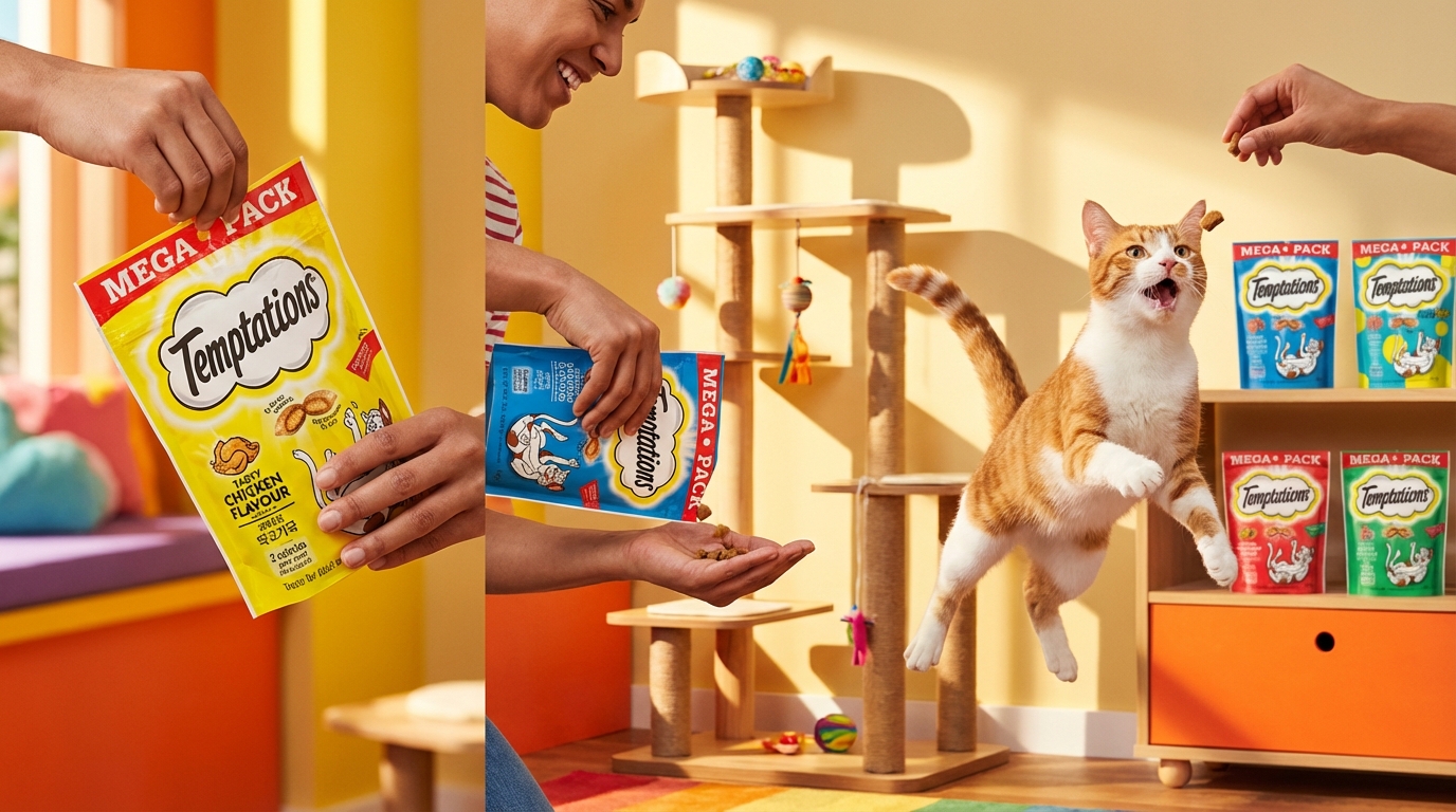 陽光灑落的遊戲區，一隻貓咪躍起接食。側面動態展示手部撕開 Temptations 零食包裝與餵食過程，完整呈現品牌標誌與繽紛色彩，背景伴隨簡約貓爬架，捕捉人寵共享的幸福時刻。