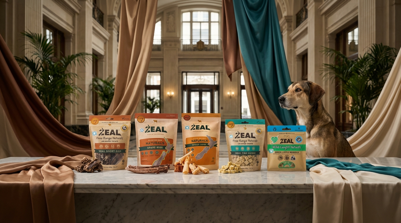 ZEAL 紐西蘭天然食材產品陳列於奢華大理石大廳，伴隨優雅寵物與品牌色絲綢，在專業燈光下呈現細膩質感，彰顯品牌提升毛孩免疫力的專業形象與高端旗艦故事。
