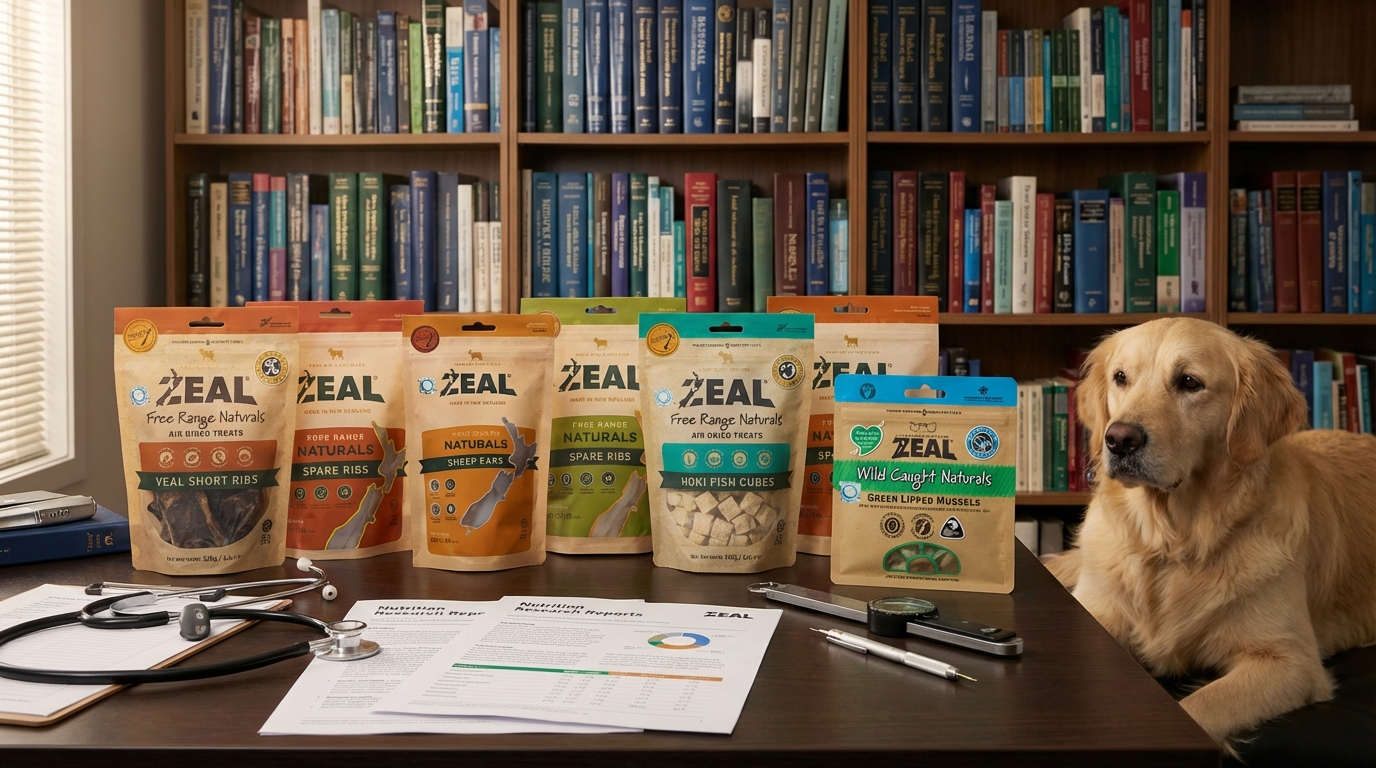 學術風諮詢室中，ZEAL 紐西蘭天然產品整齊擺放於木桌，旁有聽診器與研究報告。一隻健康寵物安靜陪伴，展現 ZEAL 提升毛孩免疫力的專業權威與值得信賴的營養建議。
