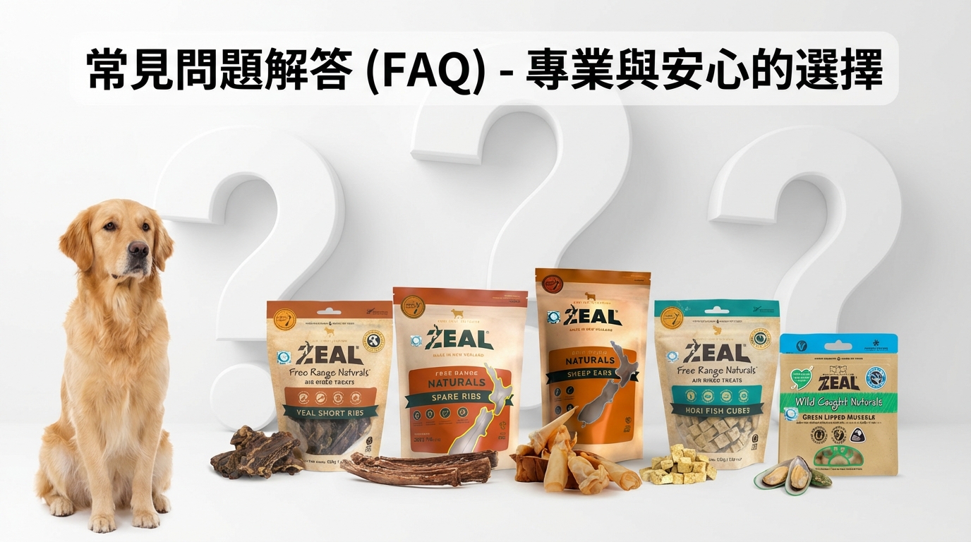 ZEAL 專業客服中心場景，明亮簡潔的背景陳列著 ZEAL 無乳糖鮮牛奶與多款風乾零食。畫面融入精緻立體問號裝飾，一隻健康寵物犬溫馨陪伴，展現品牌值得信賴的專業解答與天然純淨品質。