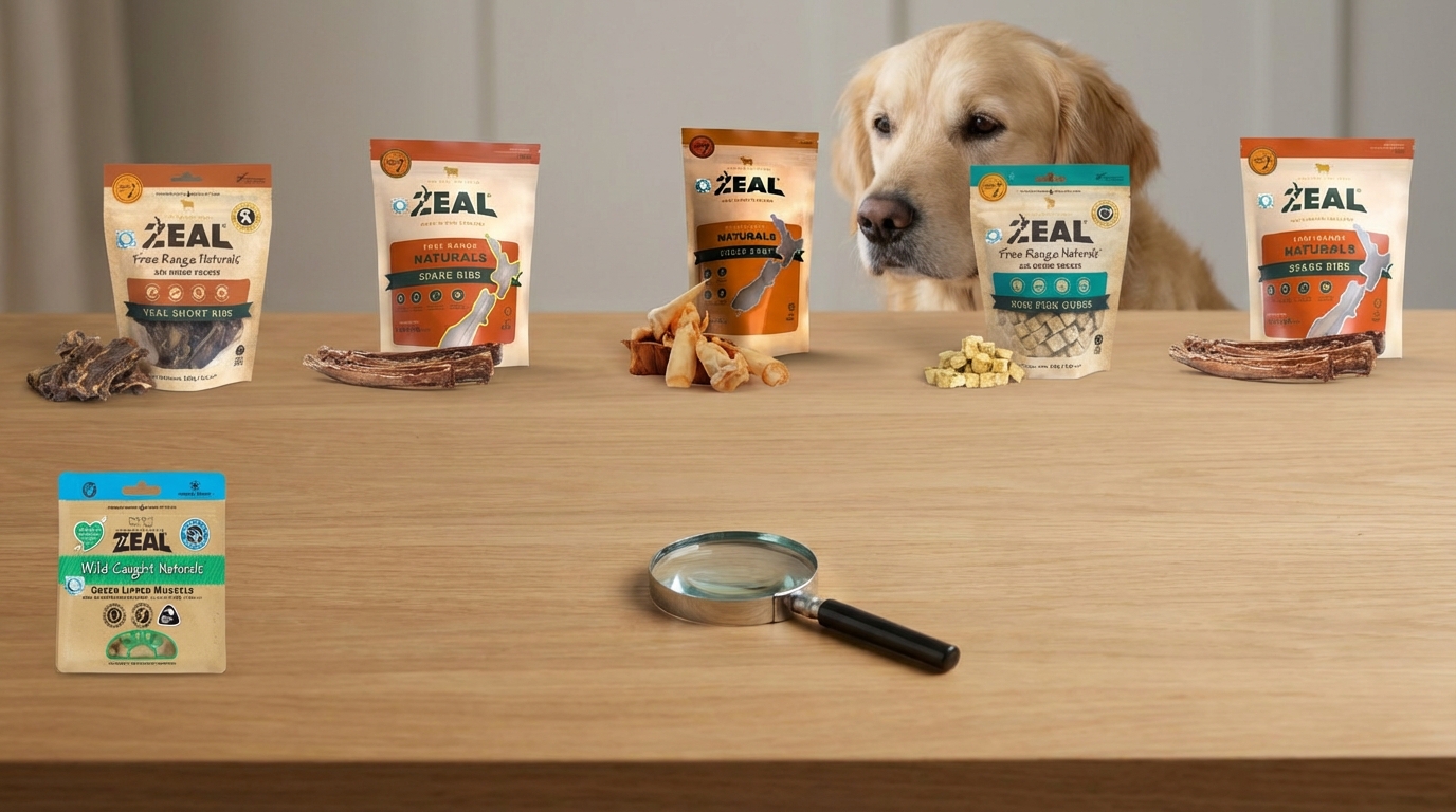 ZEAL 紐西蘭天然食材產品並排於專業桌面，搭配質感放大鏡突顯細節，背景有溫和狗狗陪伴。畫面以微俯視角度清晰展示原始包裝標籤，色調自然，協助消費者對照不同配方並做出明智選購。