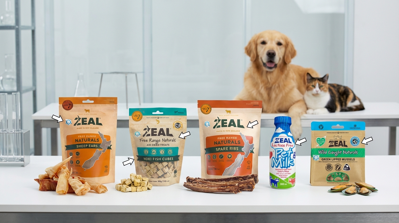 ZEAL 紐西蘭天然配方產品於專業實驗室桌面並排對比，搭配簡約標註箭頭展示包裝細節。背景有健康犬貓陪伴，整體色調明亮且具科學質感，幫助消費者輕鬆掌握選購攻略。