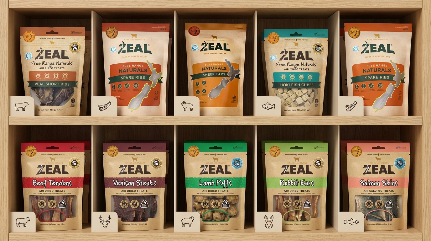 ZEAL 紐西蘭天然寵物食品，以俯視視角整齊排列於現代超市貨架。十款熱銷產品依類別分區展示真實包裝，搭配簡約標籤，呈現專業豐富的產品線，凸顯天然食材的品牌形象。