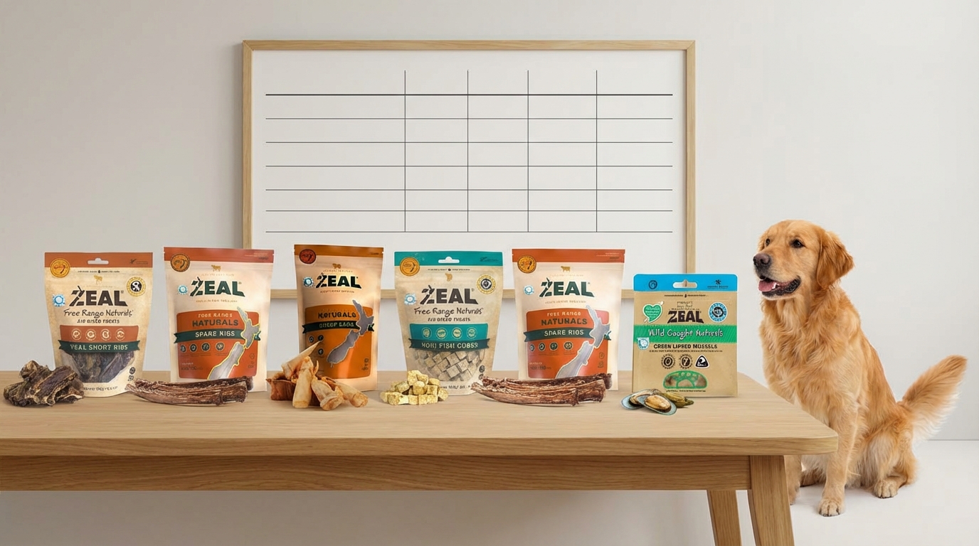 ZEAL 紐西蘭寵物食品選購攻略，左右並排呈現多款熱銷產品包裝。專業對比場景結合簡約表板與健康寵物，細膩展示品牌標誌與質感，幫助飼主對比天然配方，為毛孩做出明智選擇。