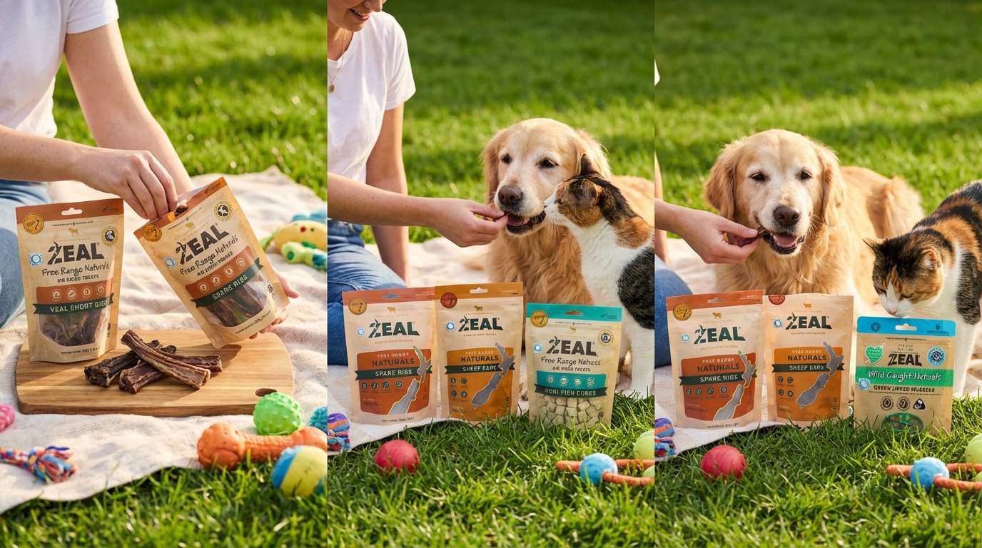 在綠意盎然的草地，ZEAL 紐西蘭天然食材產品展現從準備到餵食的動態過程。柔和陽光灑落在包裝與寵物玩具上，營造溫馨野餐氛圍，呈現產品在自然環境中的高品質質感。