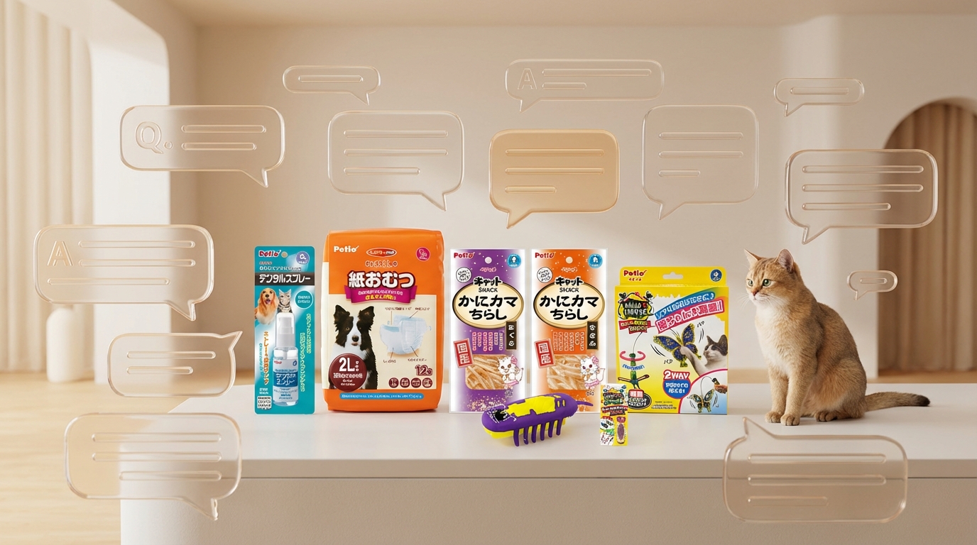 Petio 專業寵物知識空間，中央整齊陳列蒸雞胸肉、木天蓼與頸帶，搭配對話泡泡象徵解答。溫暖簡約場景中，一隻毛色健康的貓咪靜靜陪伴，展現品牌專業權威，營造值得信賴且充滿關懷的寵物生活氛圍。